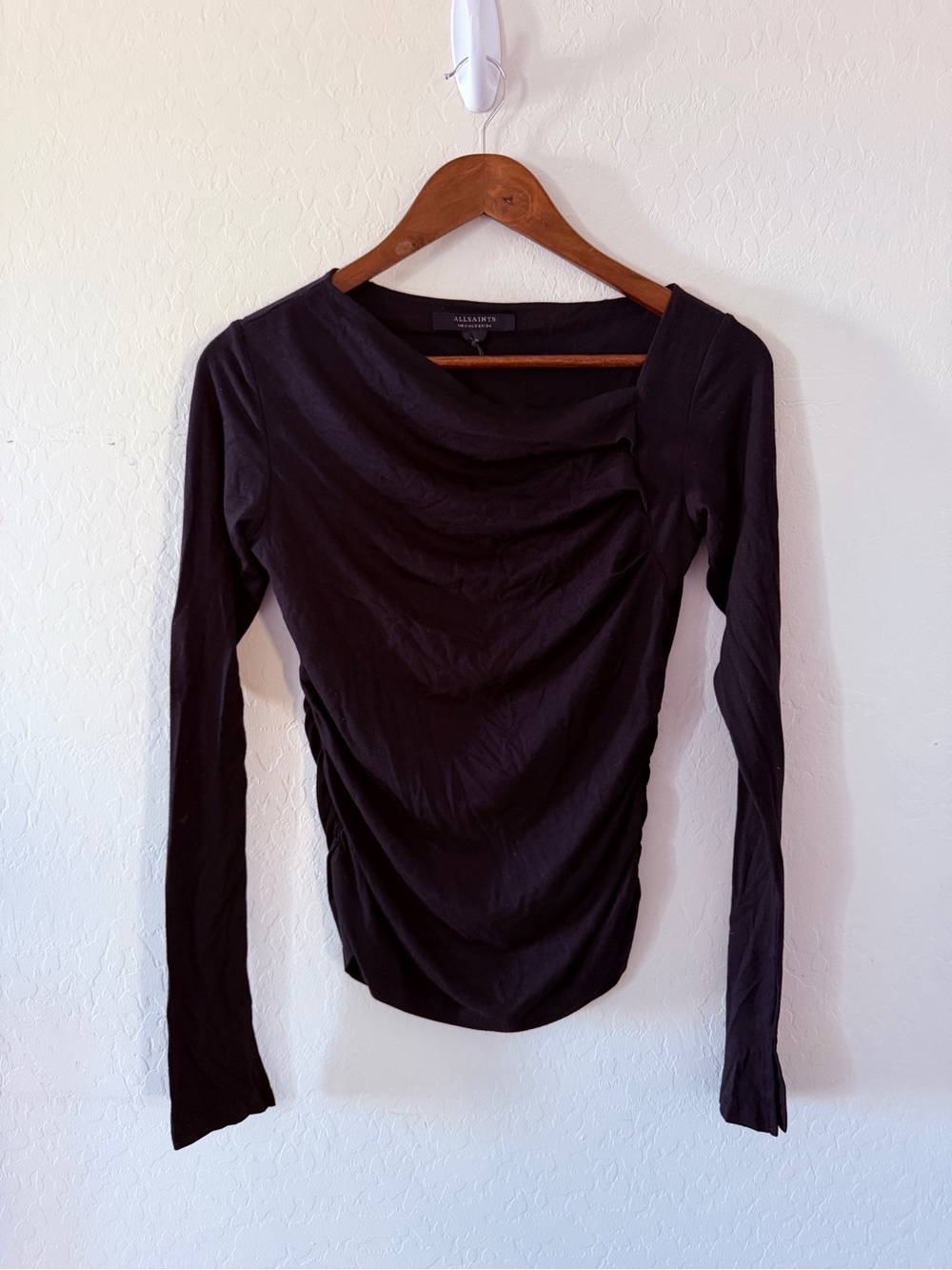 AllSaints‎ Seyma Black Ruched Draped Long Sleeve Top Size US 2